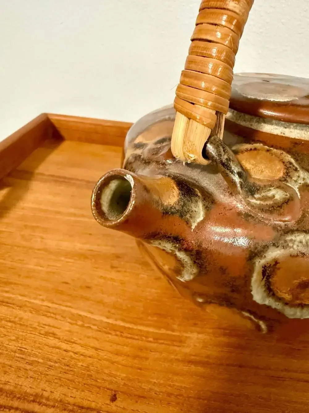 Vintage Hand-Painted Studio Pottery Teapot with Woven Rattan Handle